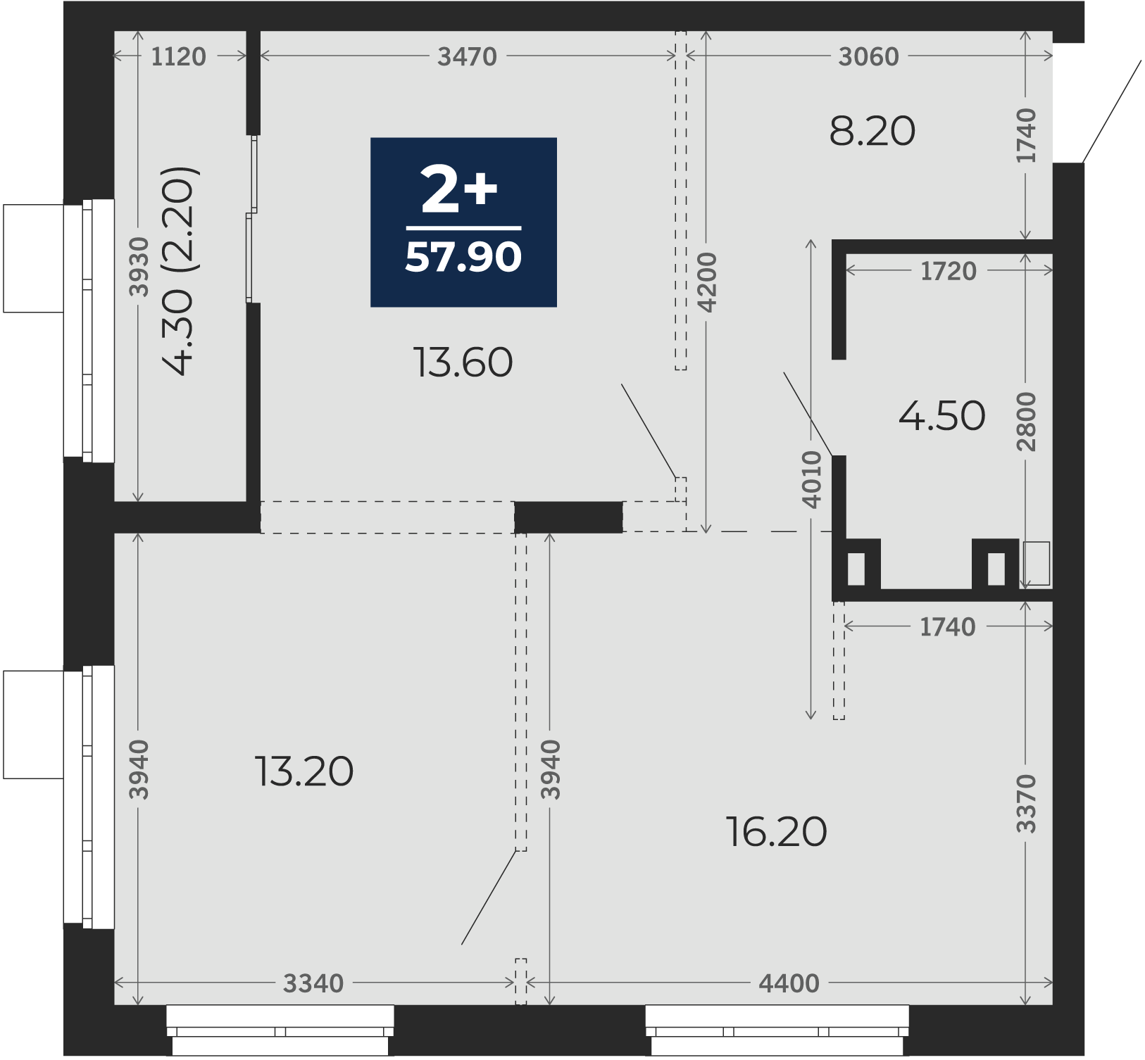 Квартира № 441, 2-комнатная, 57.9 кв. м, 2 этаж