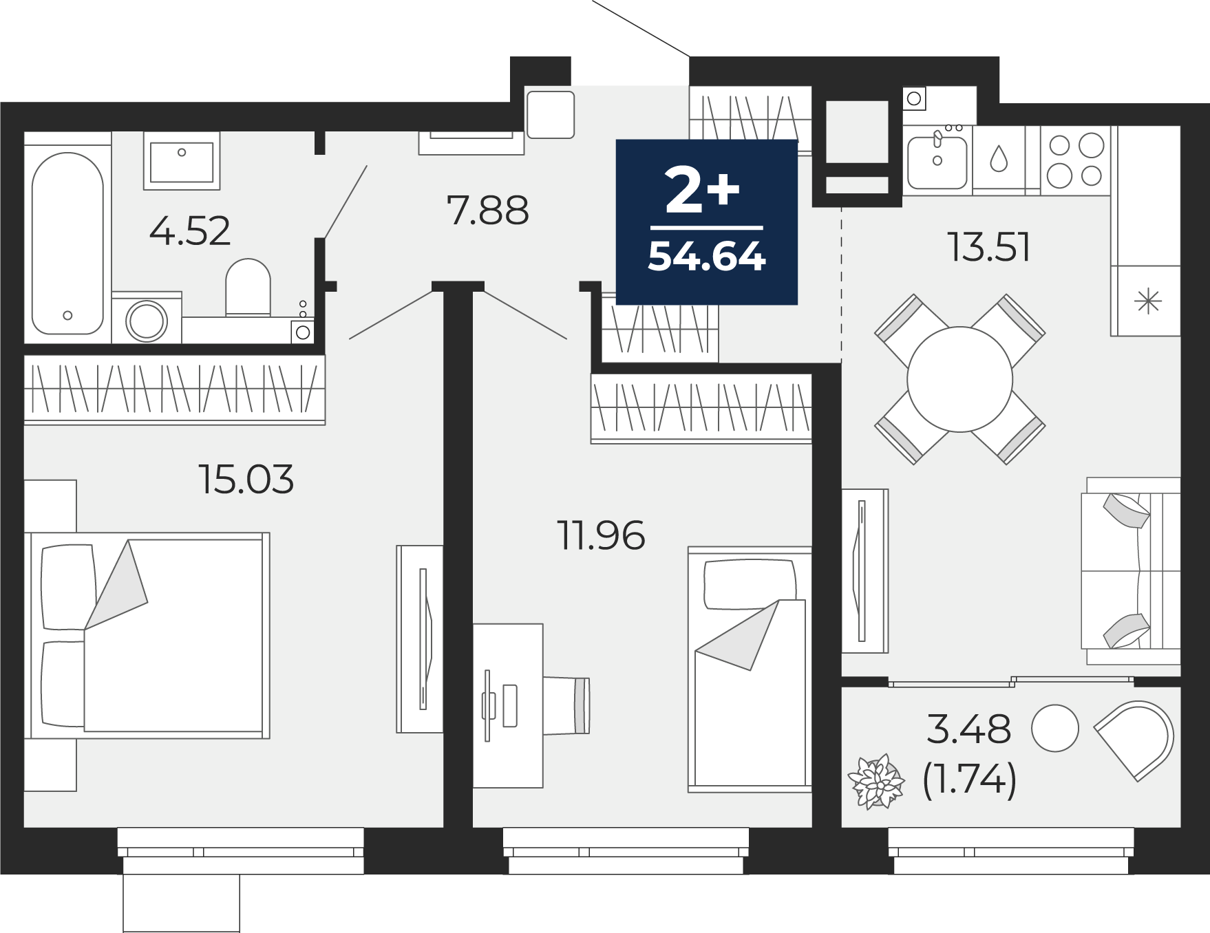 Квартира № 277, 2-комнатная, 54.64 кв. м, 17 этаж