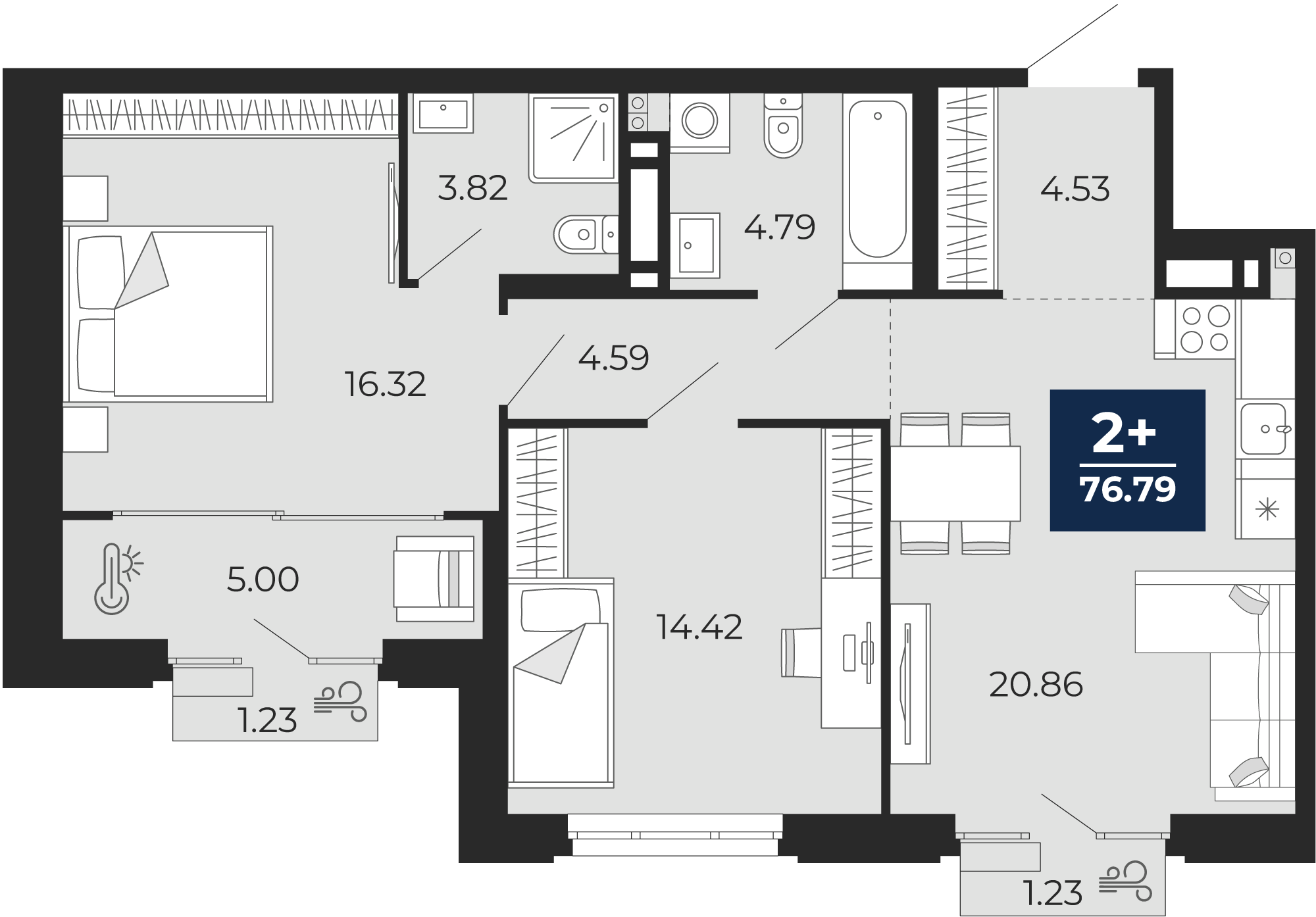 Планировка: Евротрешка 76.8 м² в ЖК Айвазовский, 5-й Заречный