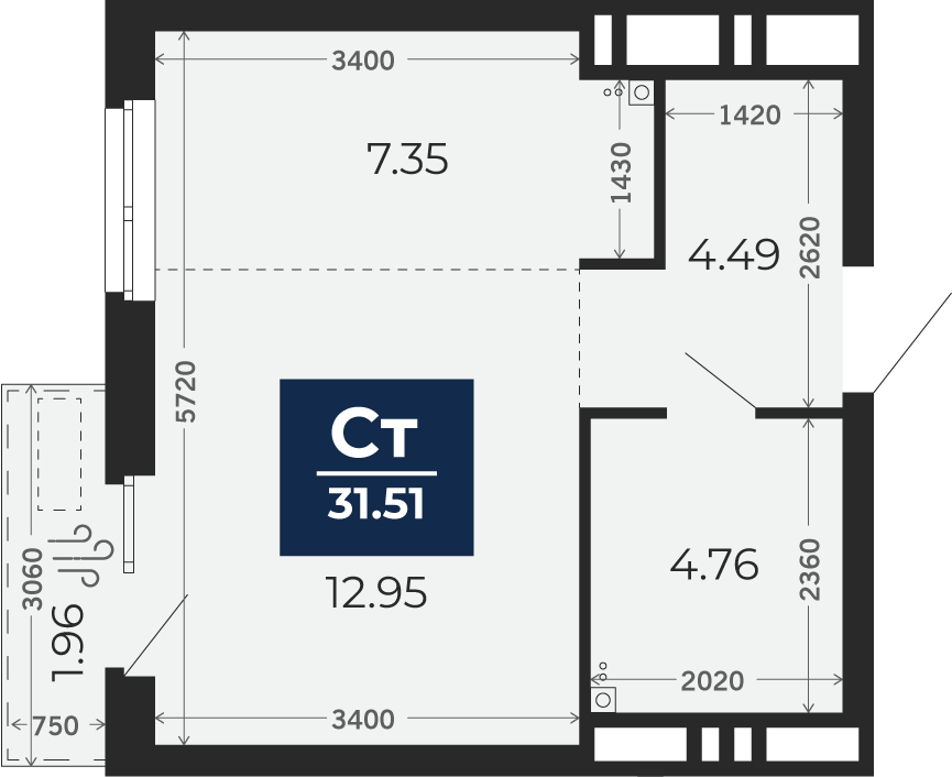 Квартира № 172, Студия, 31.51 кв. м, 23 этаж