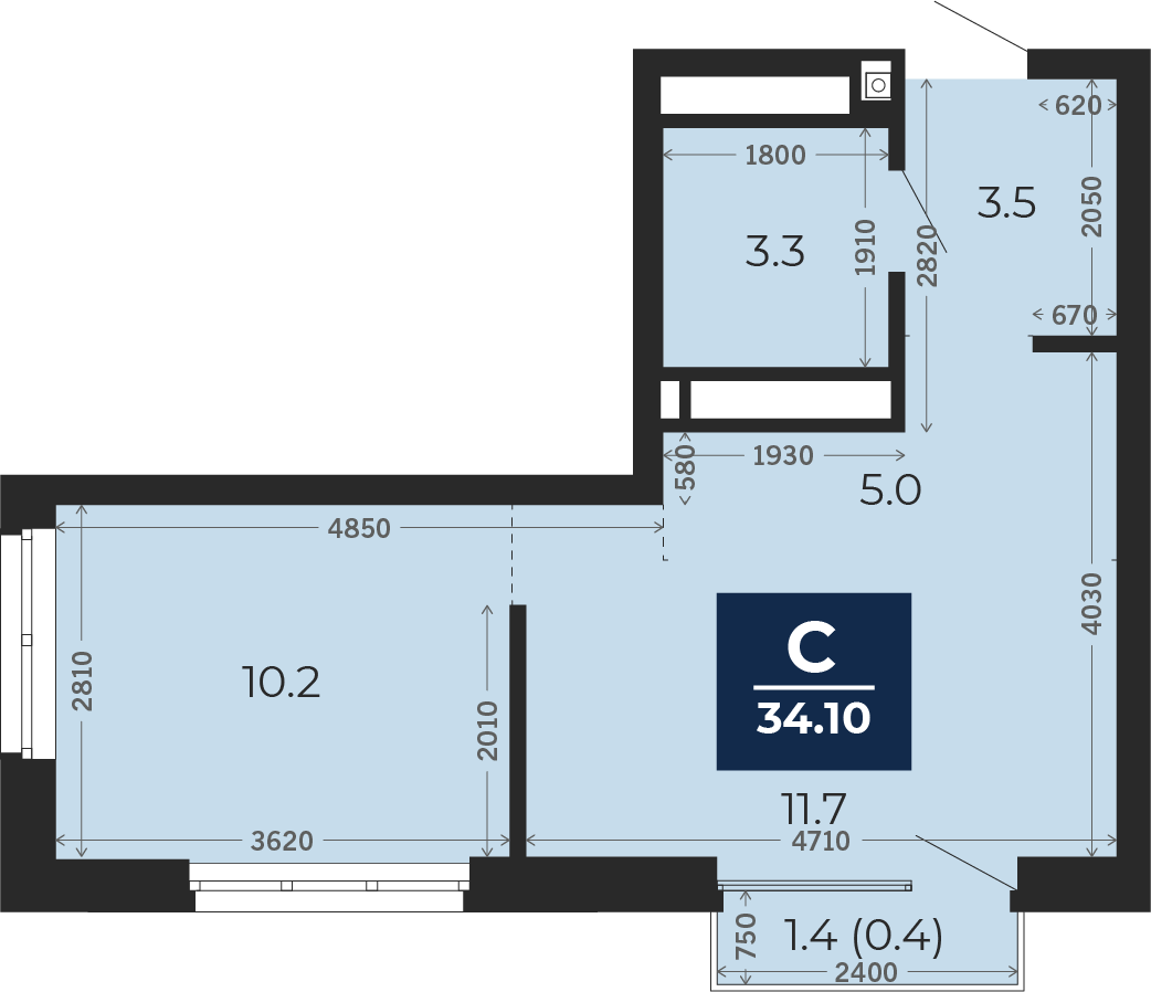 Квартира № 89, Студия, 34.1 кв. м, 17 этаж