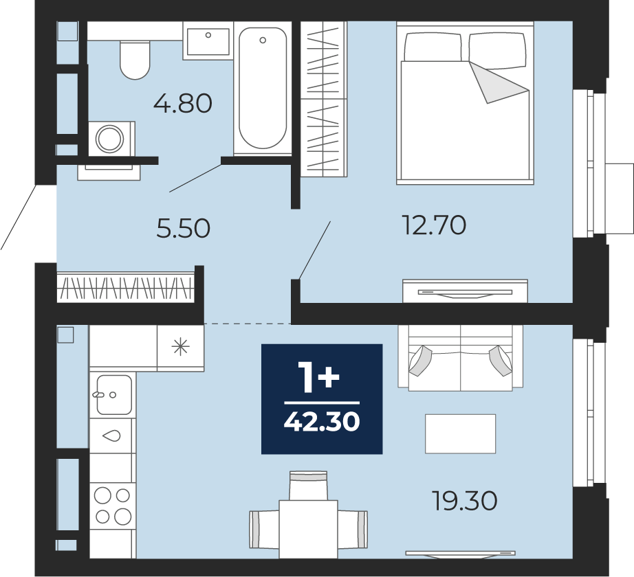 Планировка: Евродвушка 42.3 м² в ЖК Айвазовский, 5-й Заречный