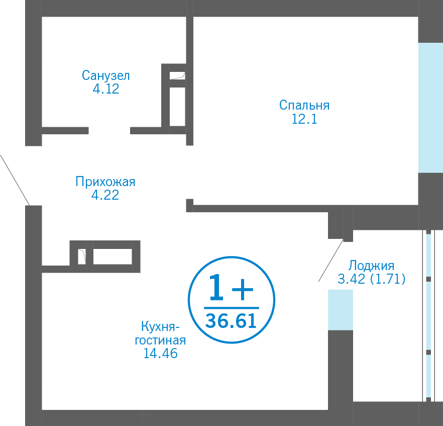 Квартира № 240, 1-комнатная, 36.61 кв. м, 12 этаж