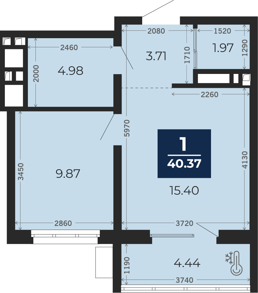 Квартира № 311, 1-комнатная, 38.15 кв. м, 18 этаж