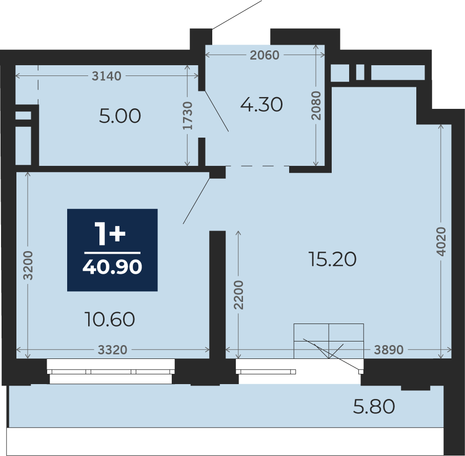 Квартира № 345, 1-комнатная, 40.9 кв. м, 17 этаж