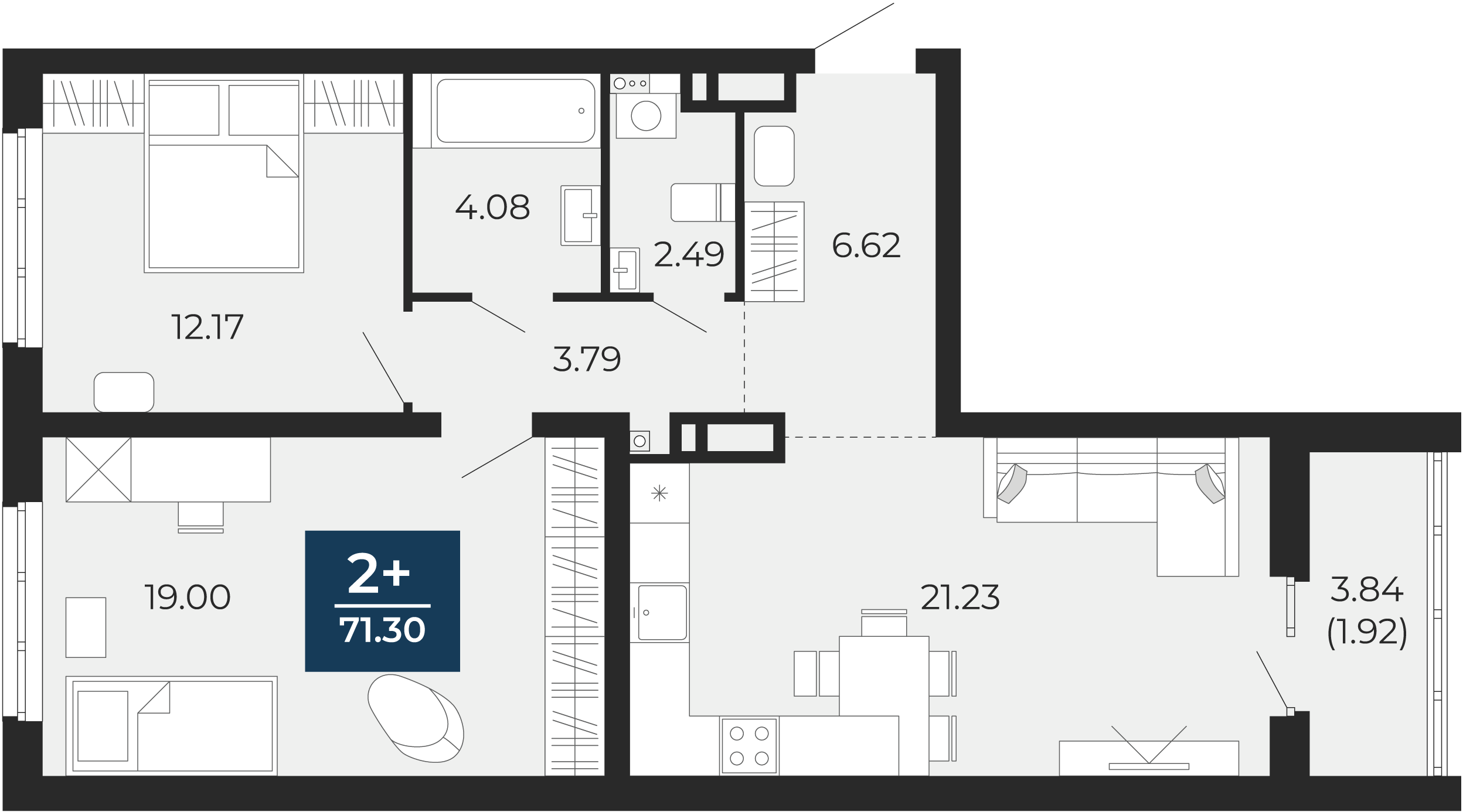 Квартира № 149, 2-комнатная, 71.3 кв. м, 16 этаж