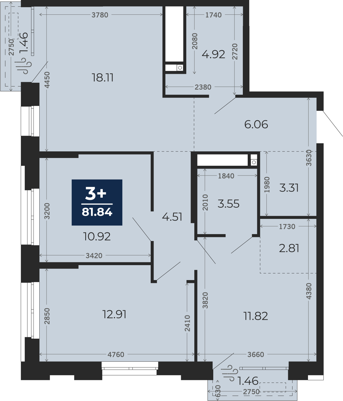 Квартира № 1, 3-комнатная, 81.84 кв. м, 2 этаж