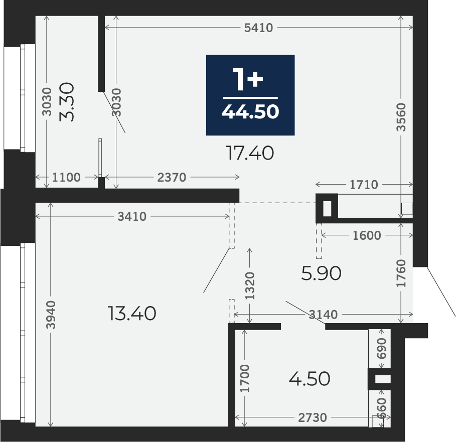 Квартира № 52, 1-комнатная, 44.5 кв. м, 2 этаж