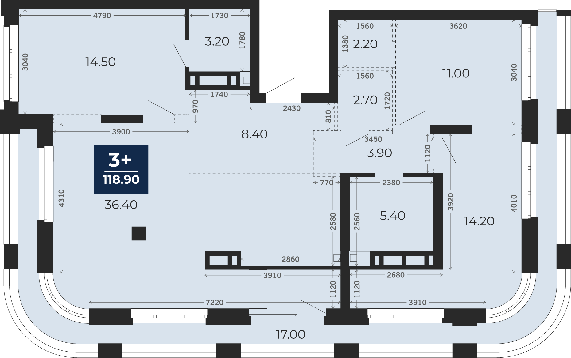 Квартира № 454, 2-комнатная, 118.9 кв. м, 13 этаж