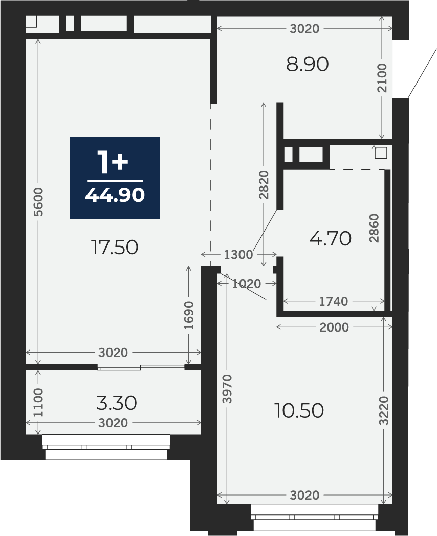 Квартира № 274, 1-комнатная, 44.9 кв. м, 5 этаж