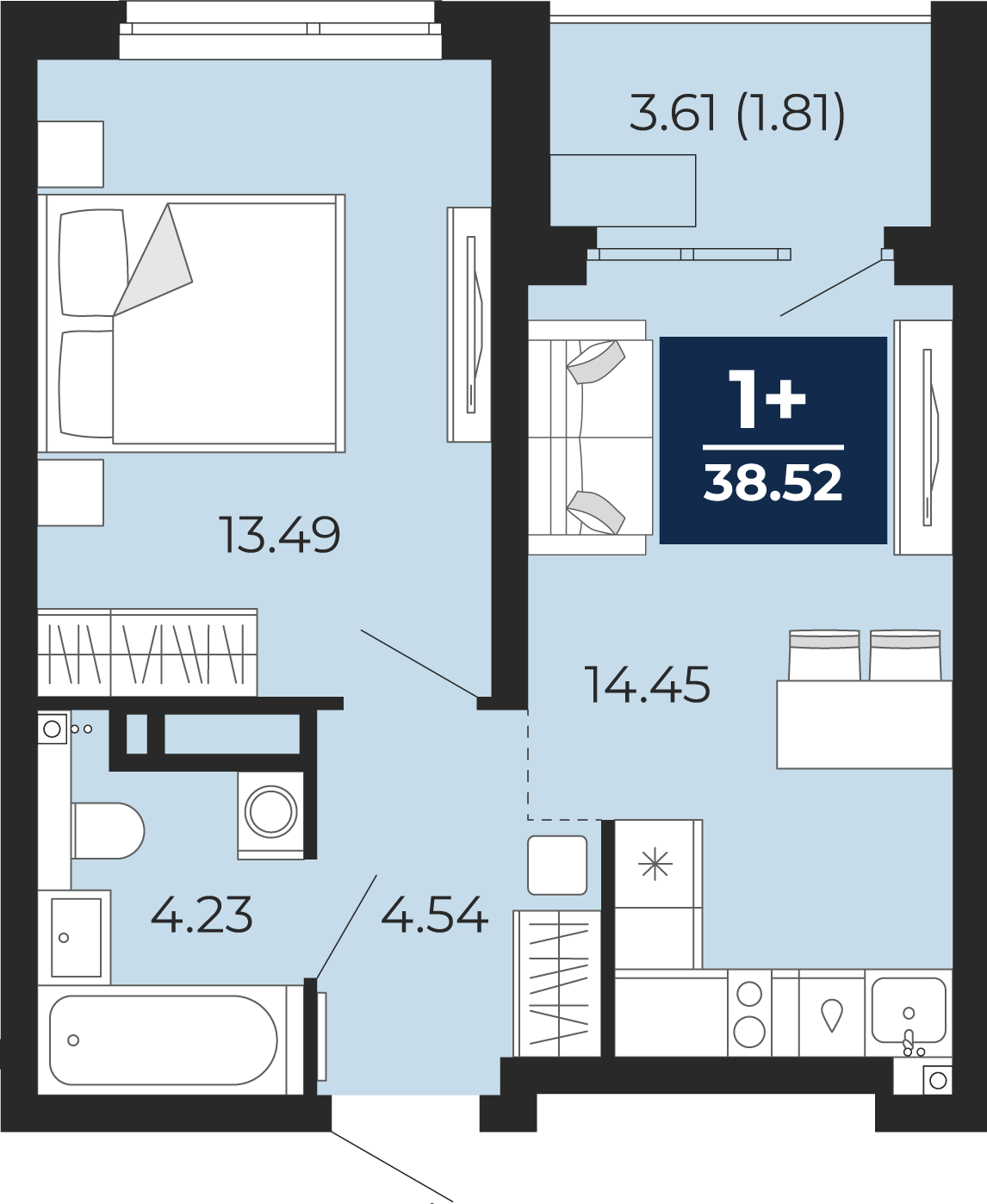 Планировка: Евродвушка 40.3 м² в ЖК Прео, Тюменская слобода