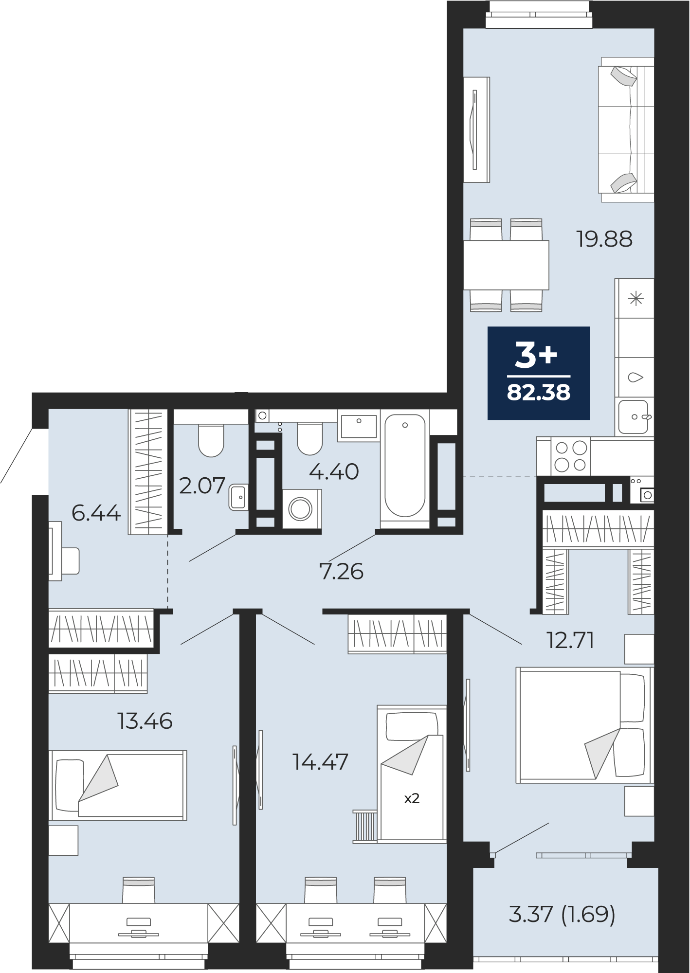 Квартира № 165, 3-комнатная, 82.38 кв. м, 6 этаж