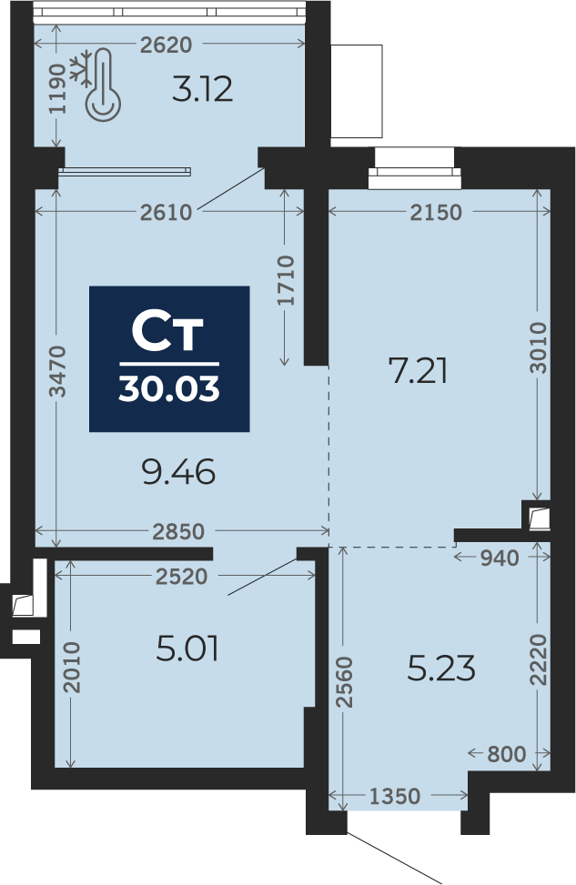 Квартира № 8, Студия, 28.47 кв. м, 2 этаж