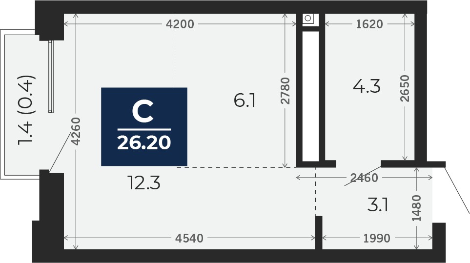 Квартира № 113, Студия, 27.2 кв. м, 12 этаж