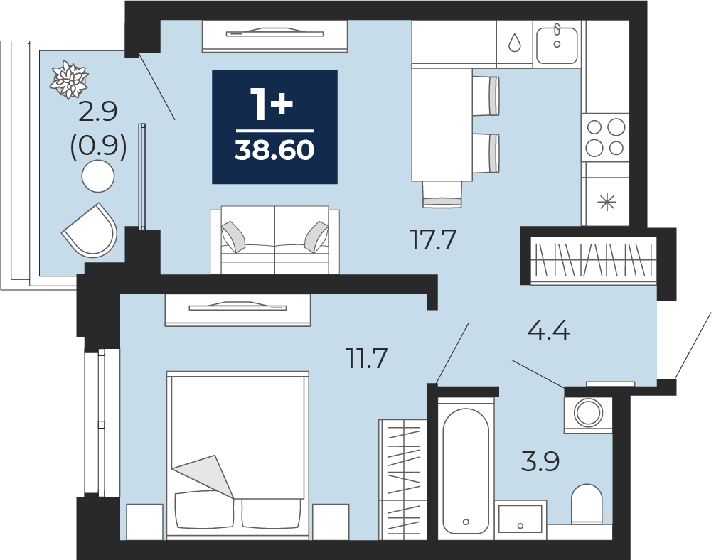 Квартира № 90, 1-комнатная, 40.6 кв. м, 13 этаж