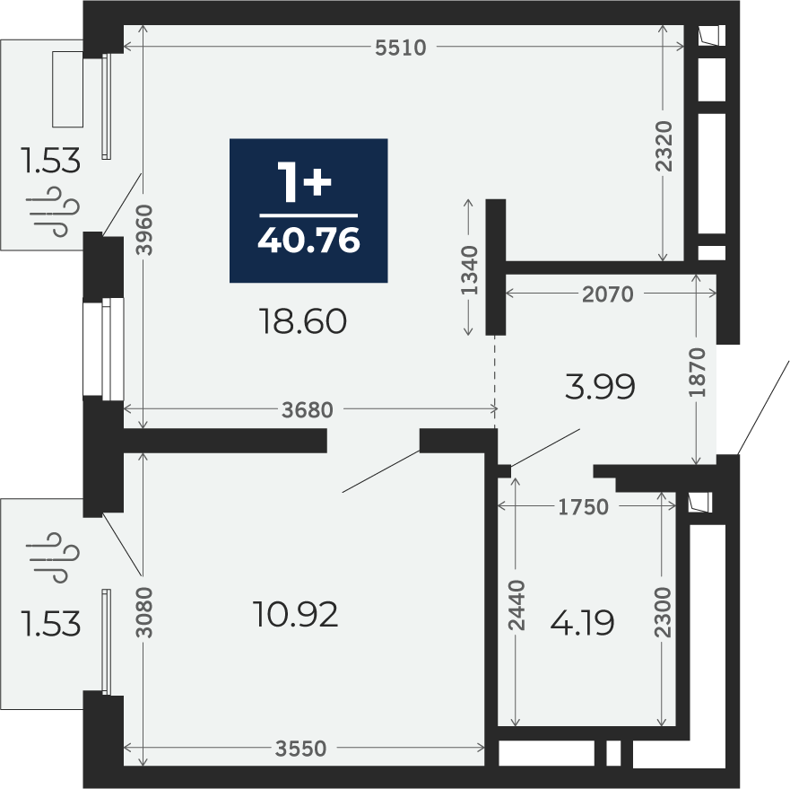 Квартира № 82, 1-комнатная, 40.76 кв. м, 13 этаж