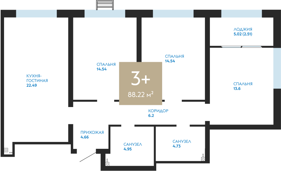 Квартира № 238, 3-комнатная, 88.22 кв. м, 16 этаж
