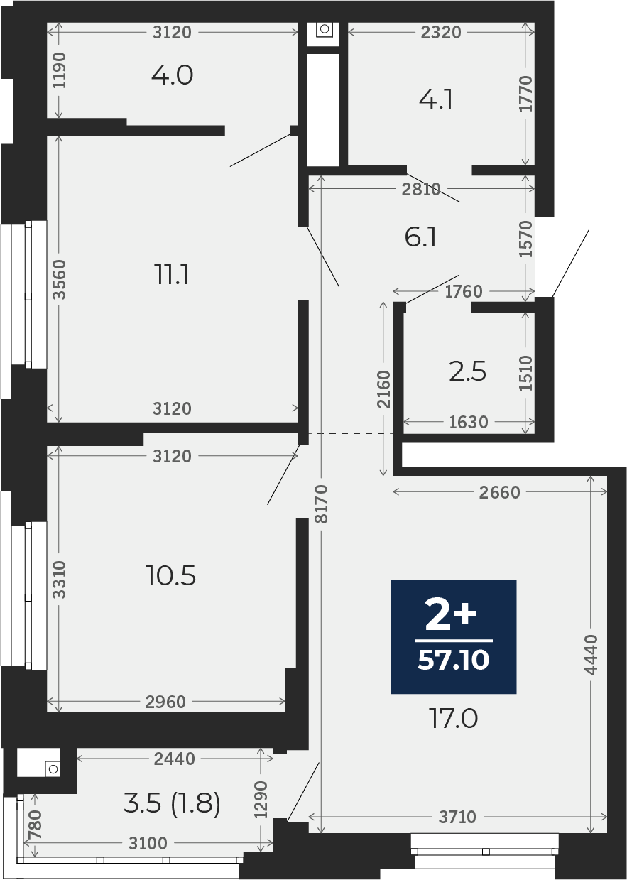 Квартира № 423, 2-комнатная, 58.8 кв. м, 8 этаж
