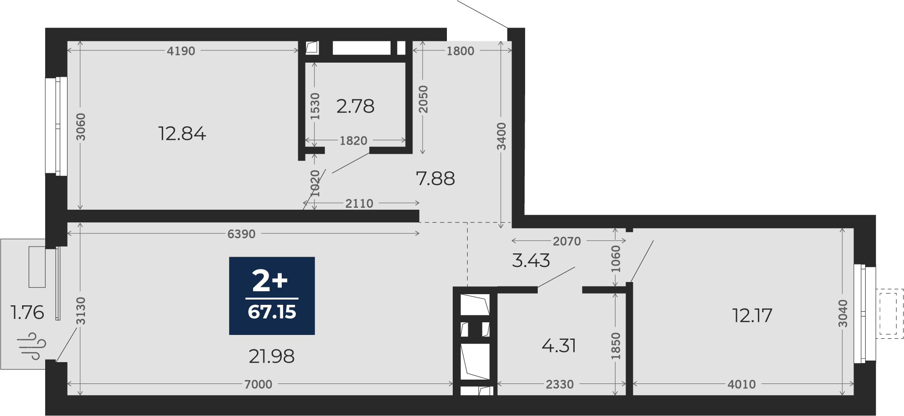 Квартира № 189, 2-комнатная, 67.15 кв. м, 5 этаж
