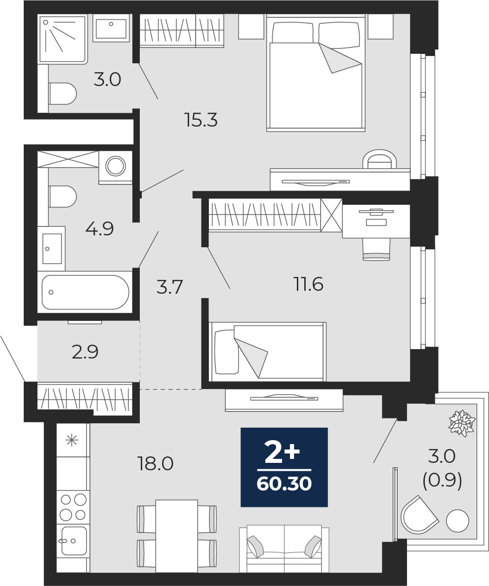Планировка: Евротрешка 62.4 м² в ЖК Мириады, Мыс