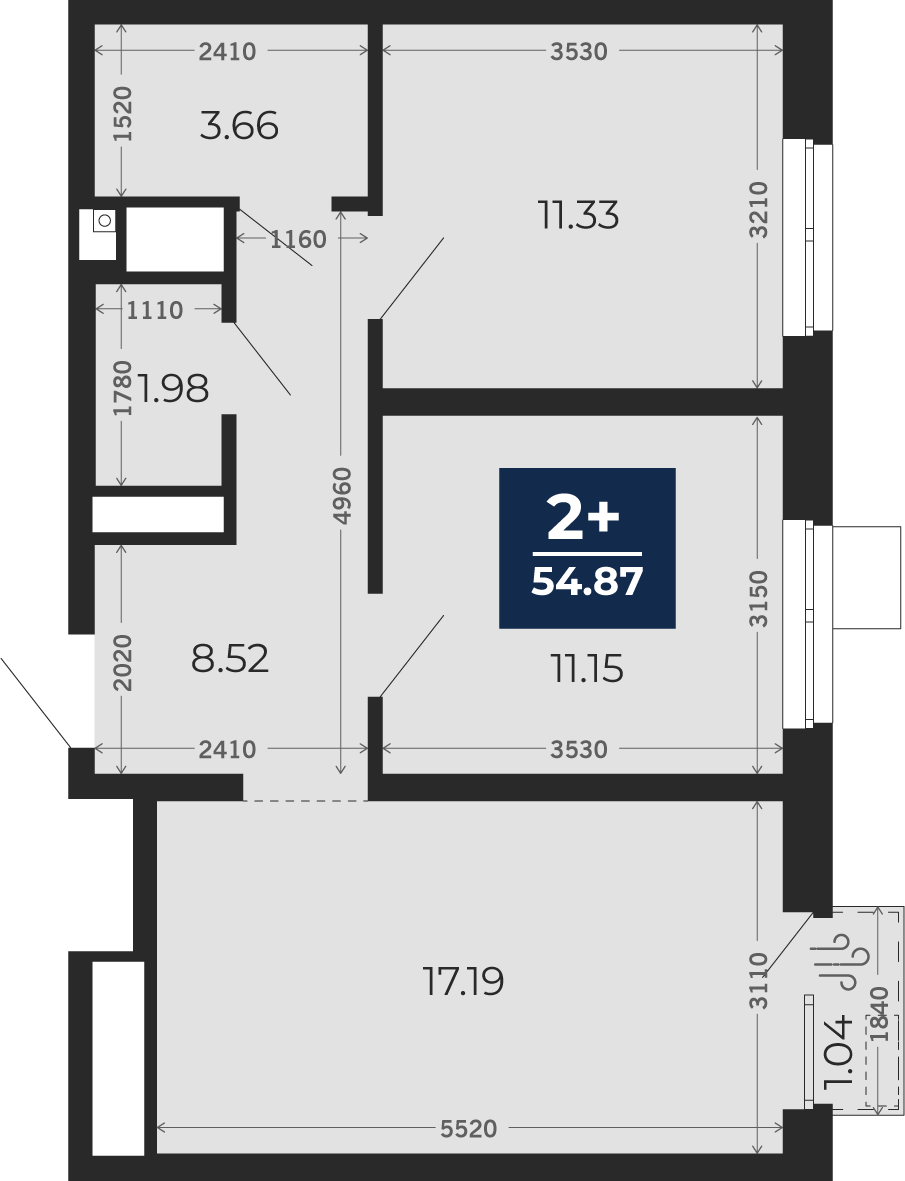 Квартира № 90, 2-комнатная, 54.87 кв. м, 13 этаж