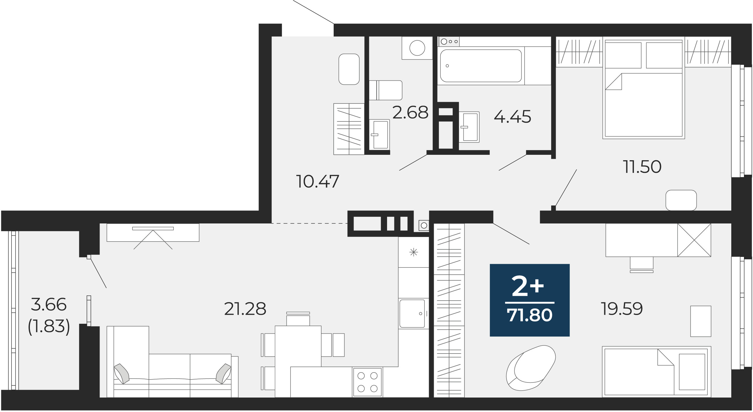 Квартира № 268, 2-комнатная, 71.8 кв. м, 10 этаж
