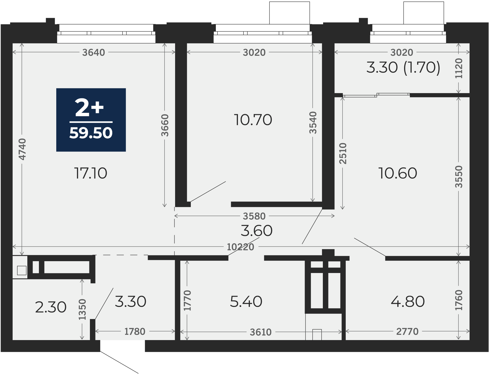 Квартира № 129, 2-комнатная, 59.5 кв. м, 6 этаж