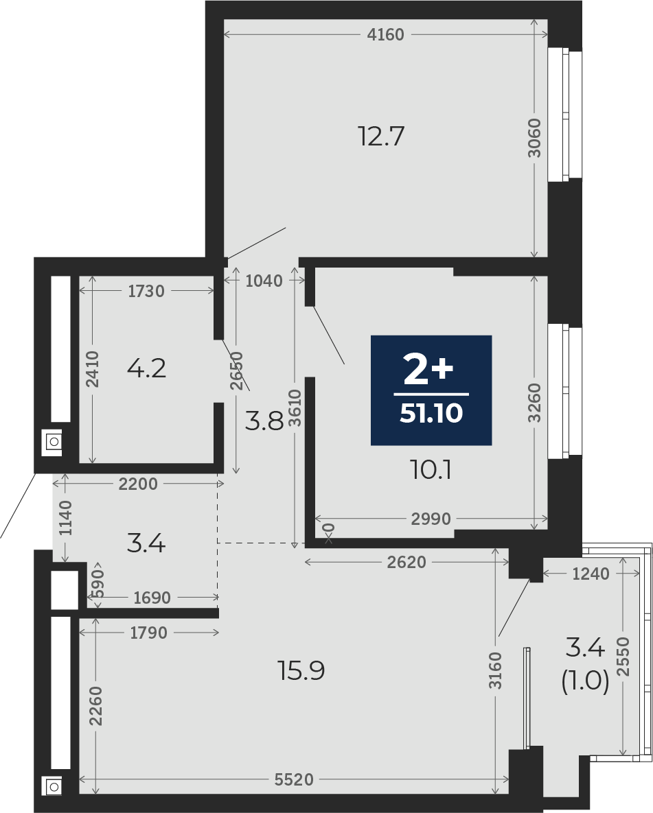 Квартира № 303, 2-комнатная, 51.1 кв. м, 6 этаж