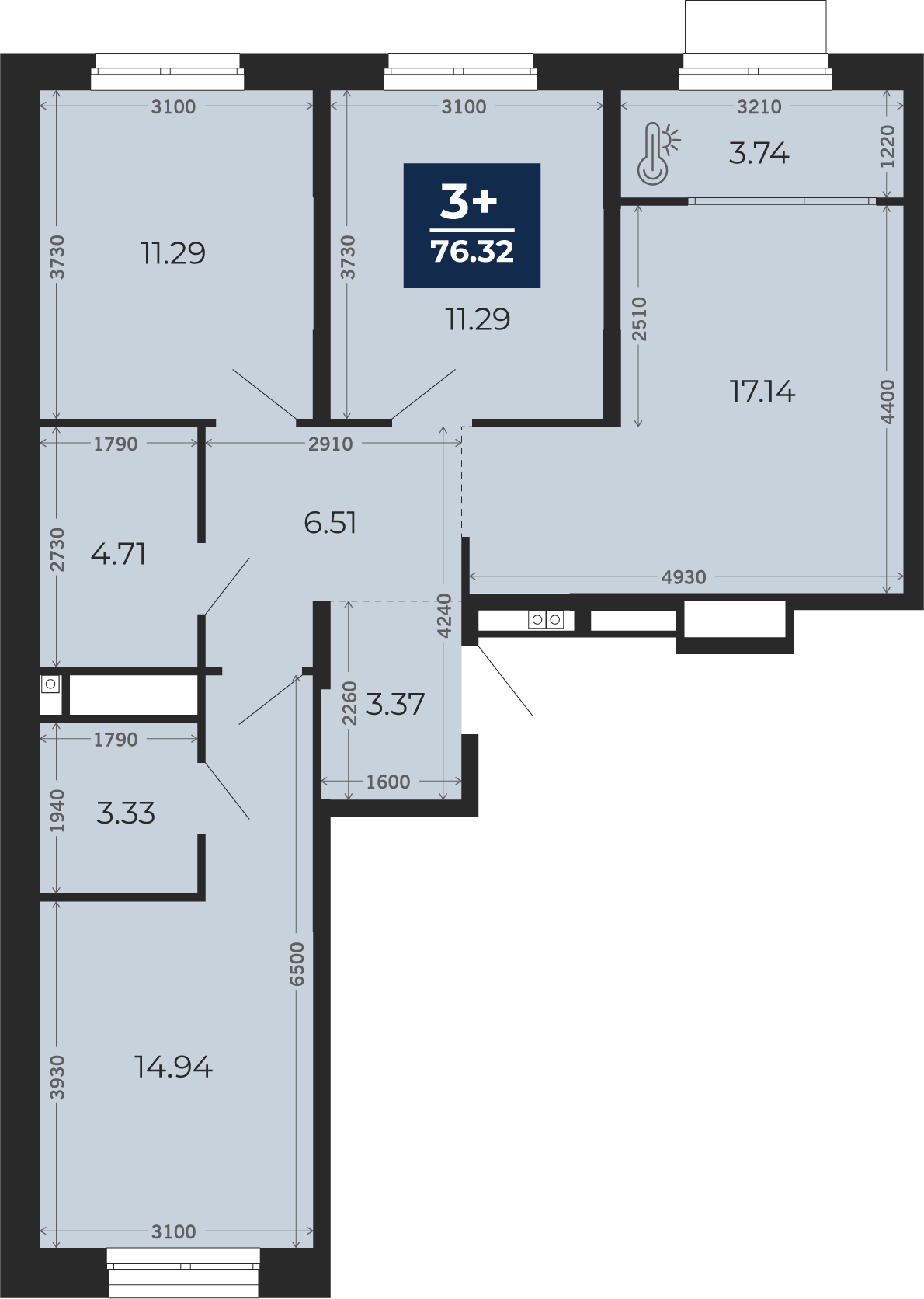Квартира № 145, 3-комнатная, 76.32 кв. м, 2 этаж