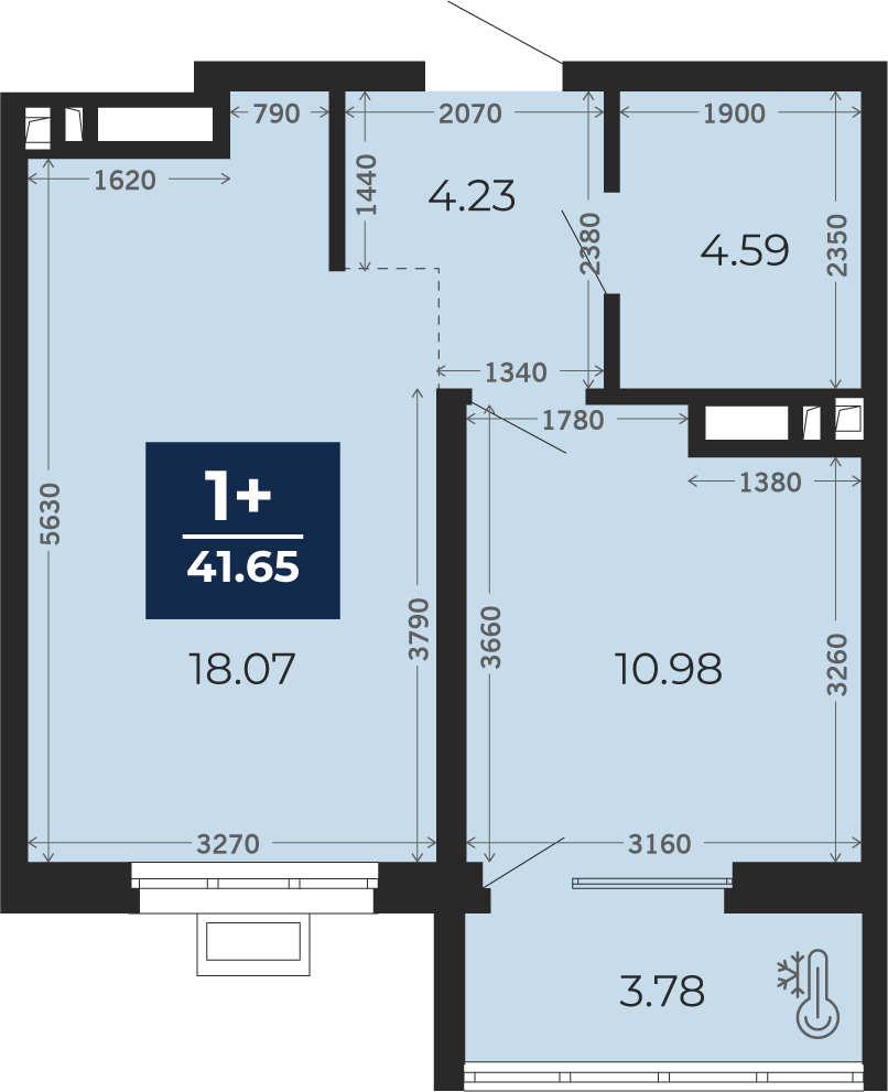 Квартира № 754, 1-комнатная, 41.65 кв. м, 2 этаж