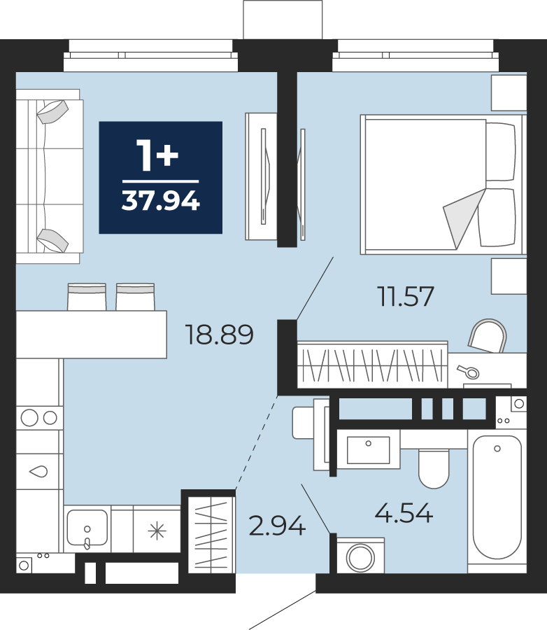 Квартира № 156, 1-комнатная, 37.94 кв. м, 21 этаж