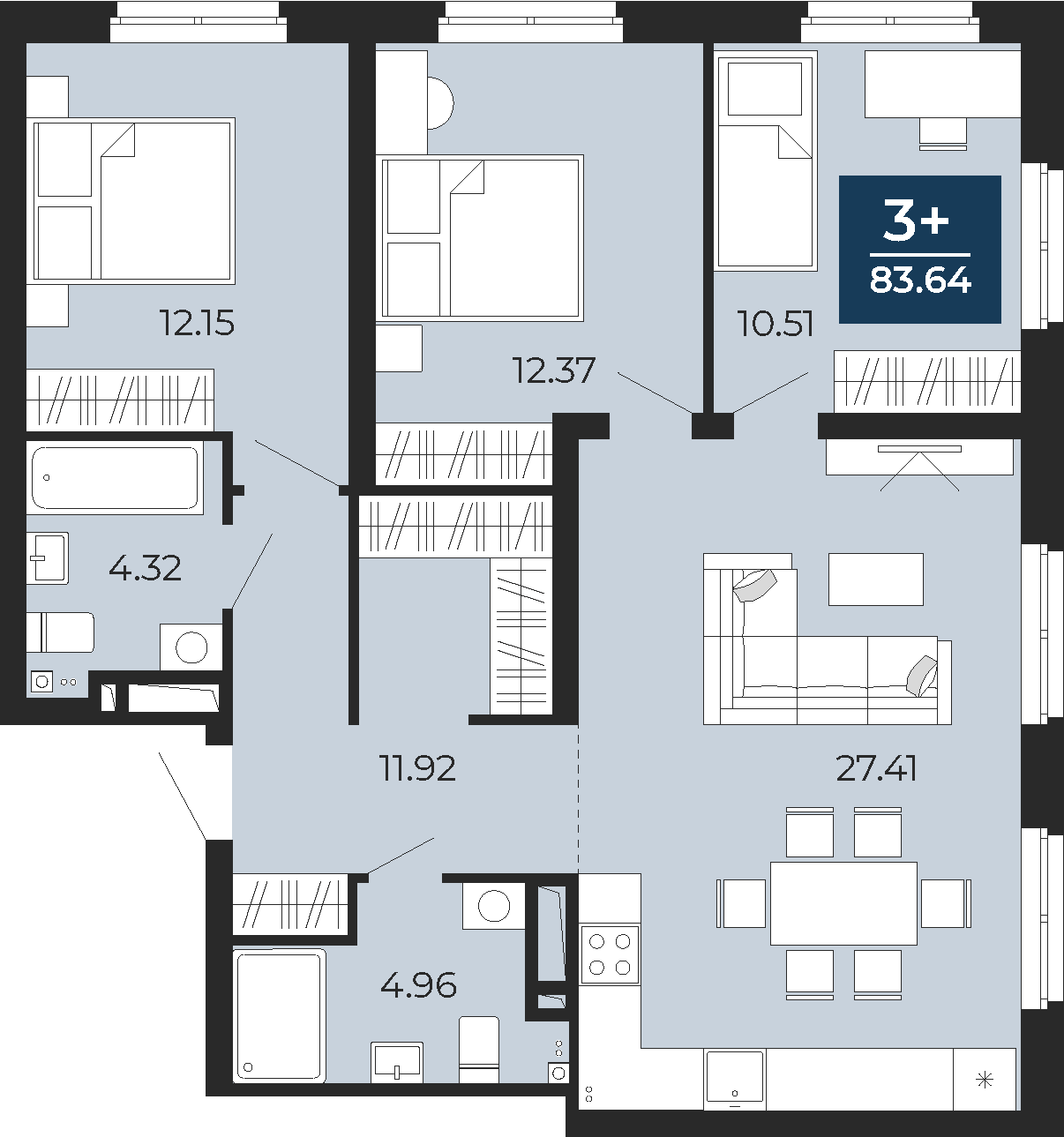 Квартира № 245, 3-комнатная, 83.64 кв. м, 19 этаж