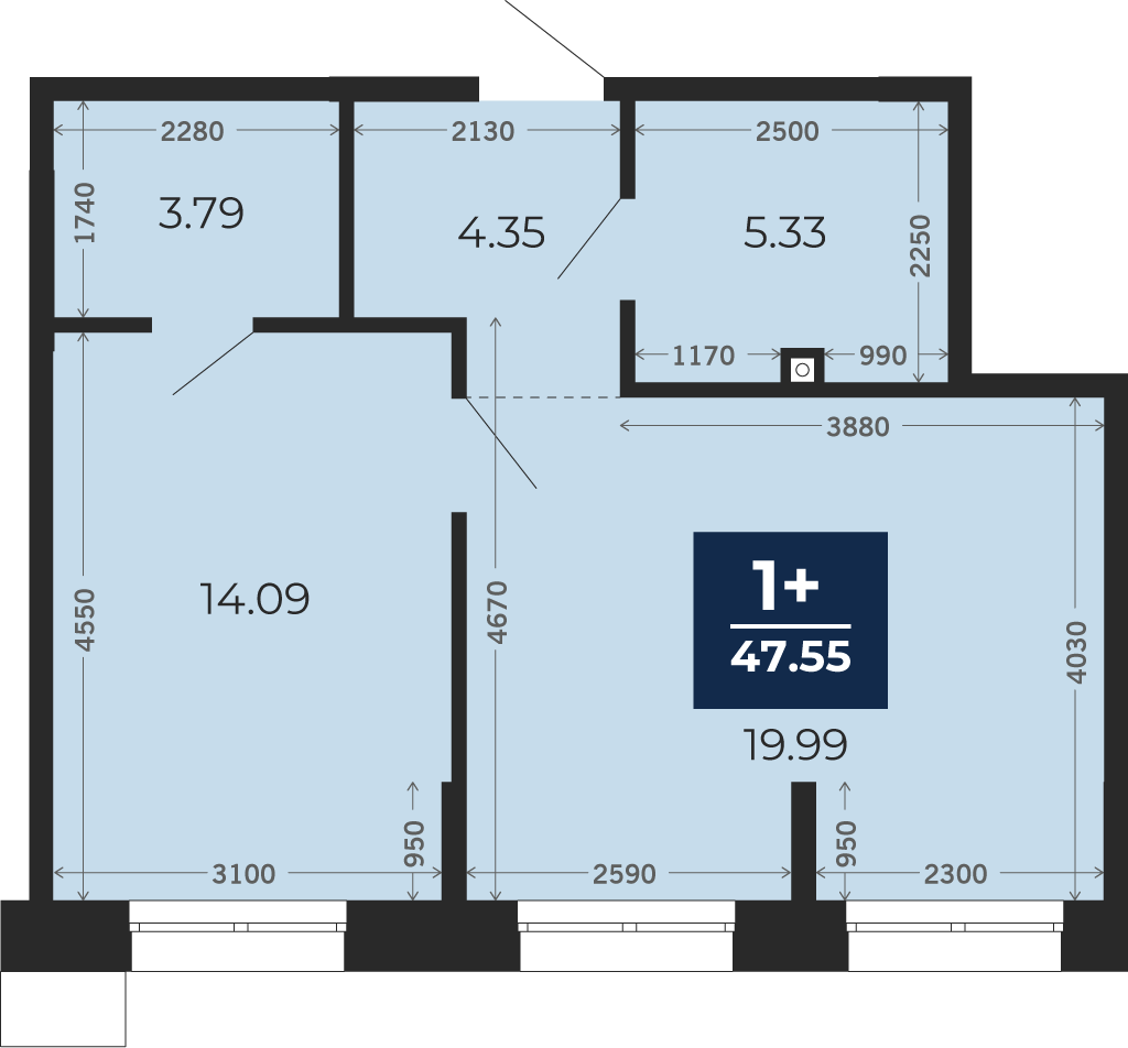 Квартира № 64, 1-комнатная, 47.55 кв. м, 1 этаж