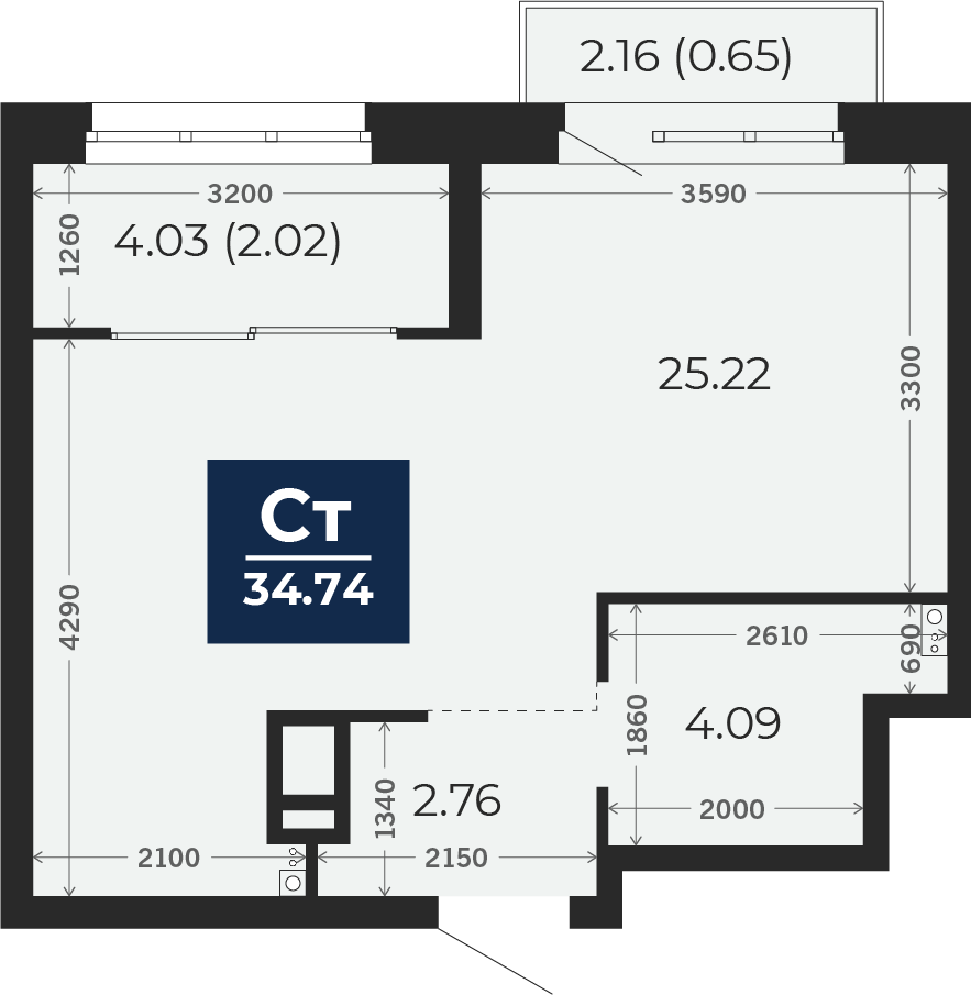 Квартира № 243, Студия, 34.74 кв. м, 4 этаж