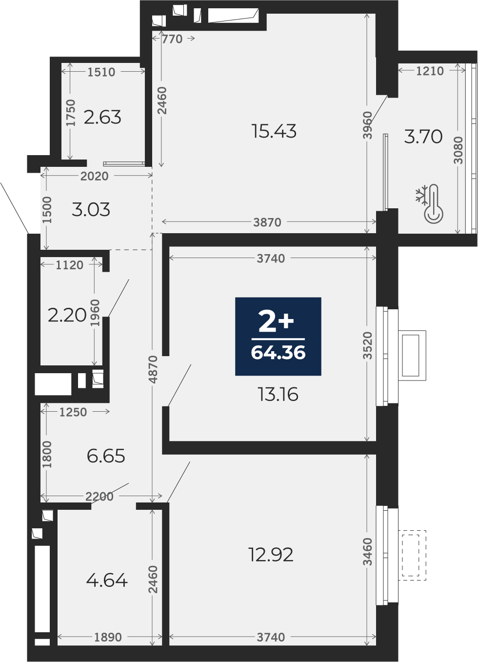 Квартира № 351, 2-комнатная, 64.36 кв. м, 10 этаж
