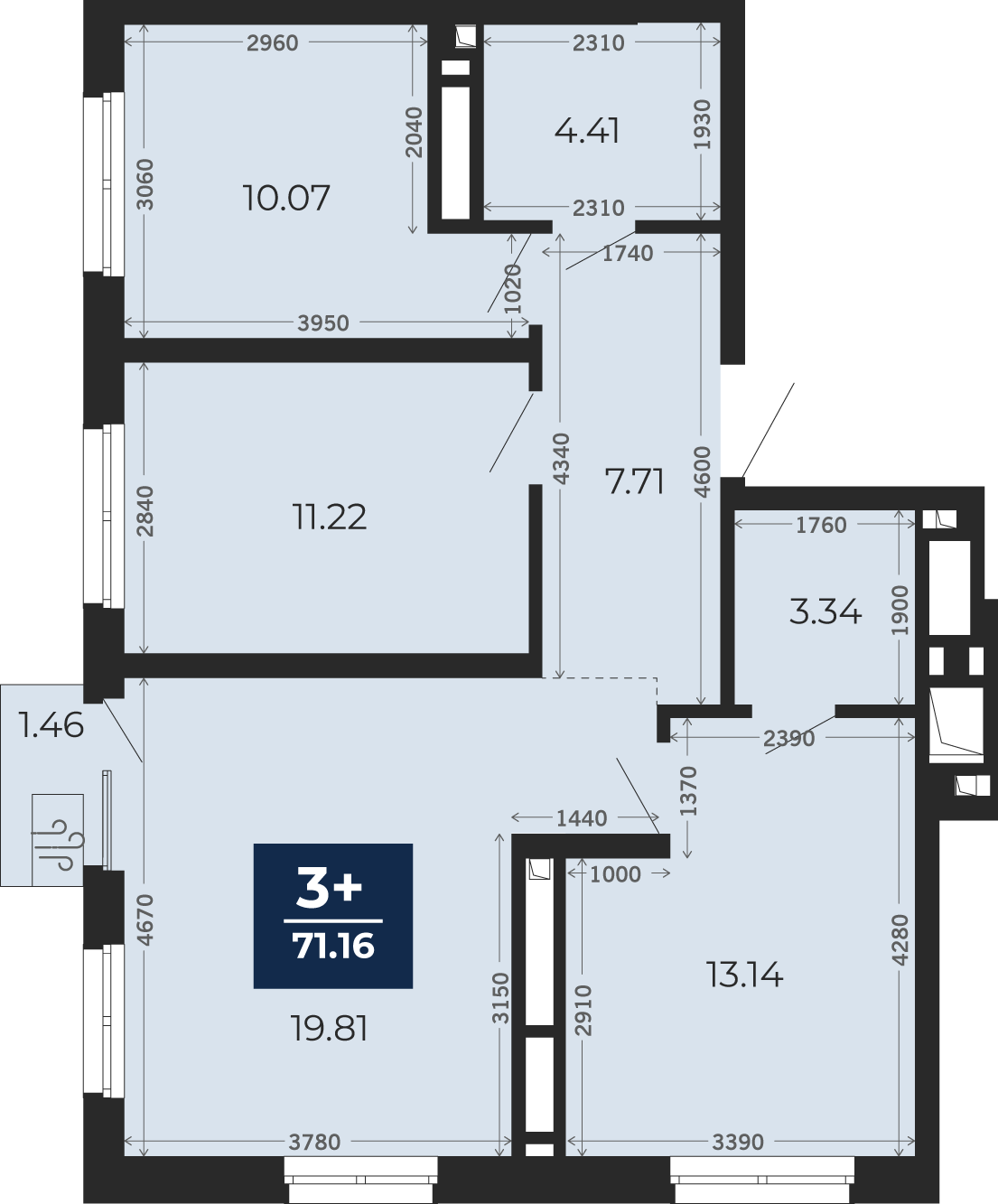 Квартира № 25, 3-комнатная, 70.14 кв. м, 5 этаж