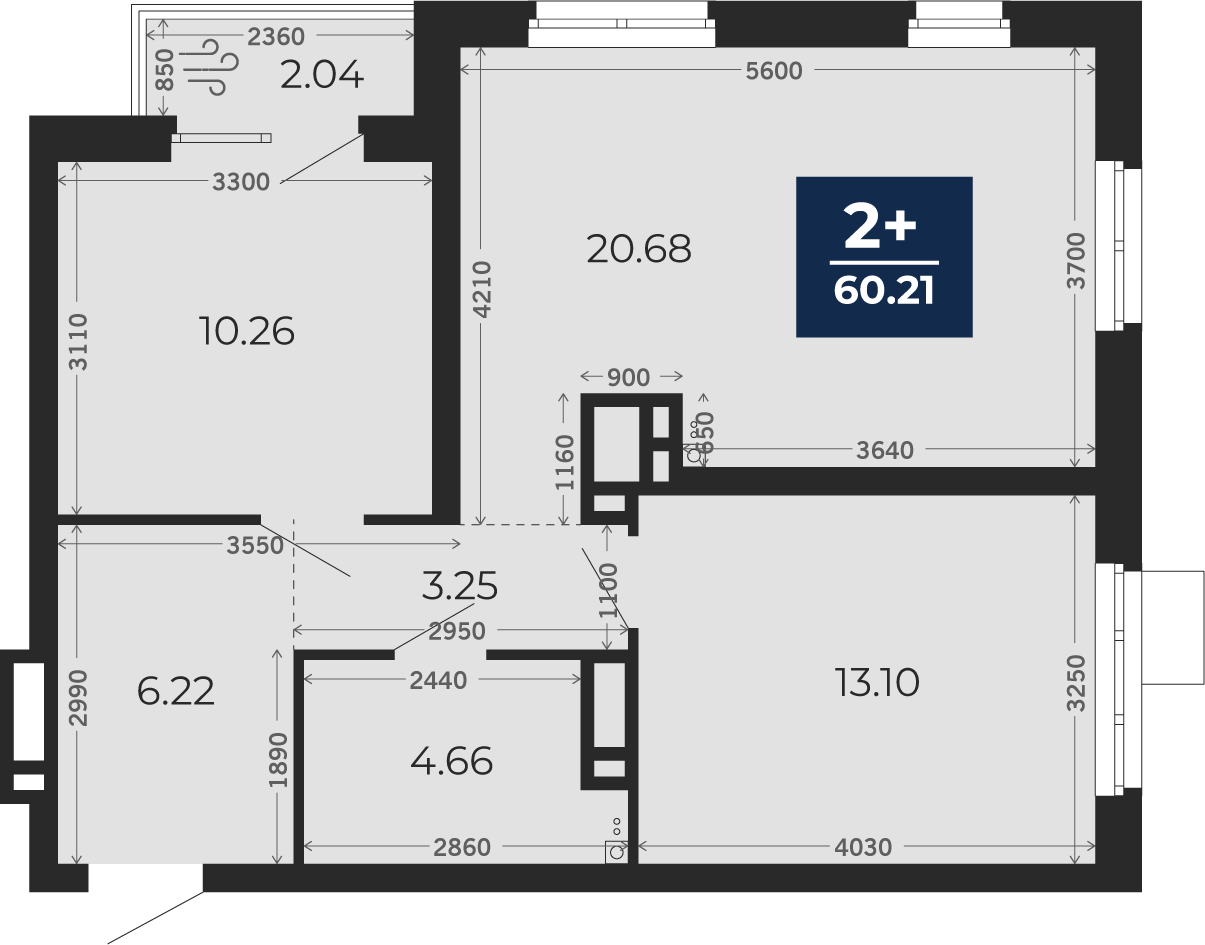 Квартира № 115, 2-комнатная, 58.78 кв. м, 16 этаж