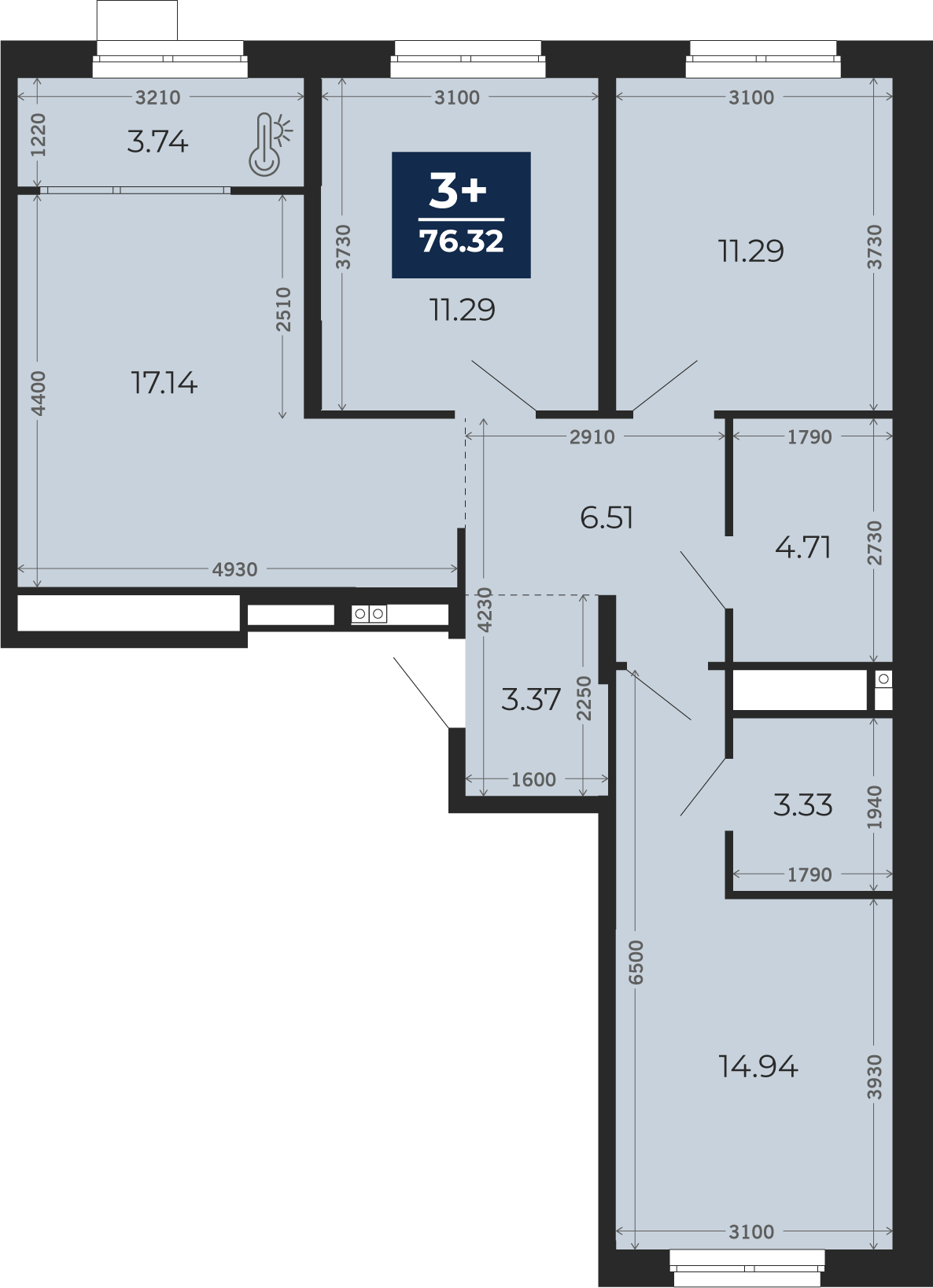 Квартира № 296, 3-комнатная, 76.32 кв. м, 15 этаж