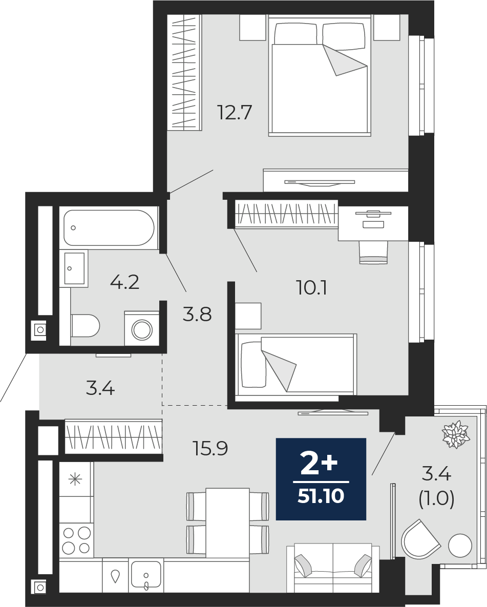 Квартира № 303, 2-комнатная, 51.1 кв. м, 6 этаж