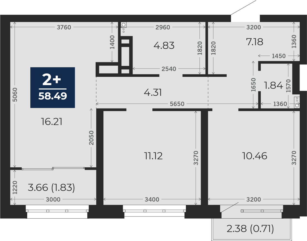 Квартира № 372, 2-комнатная, 58.49 кв. м, 5 этаж