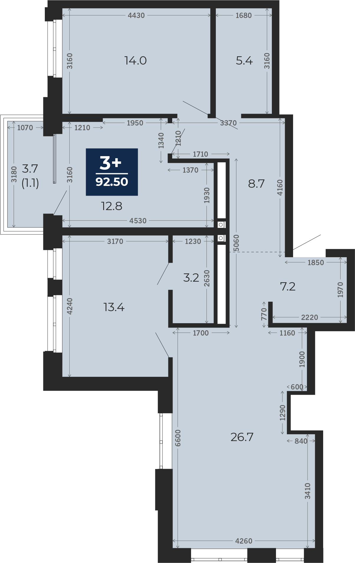 Квартира № 110, 3-комнатная, 95.1 кв. м, 12 этаж
