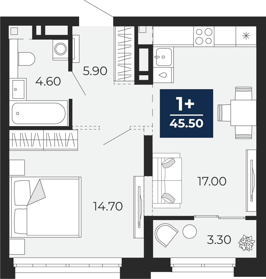 Квартира № 363, 1-комнатная, 45.5 кв. м, 3 этаж