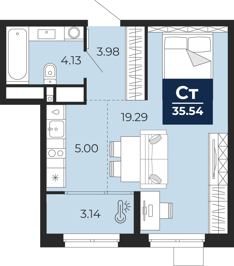 Квартира № 131, Студия, 35.54 кв. м, 15 этаж