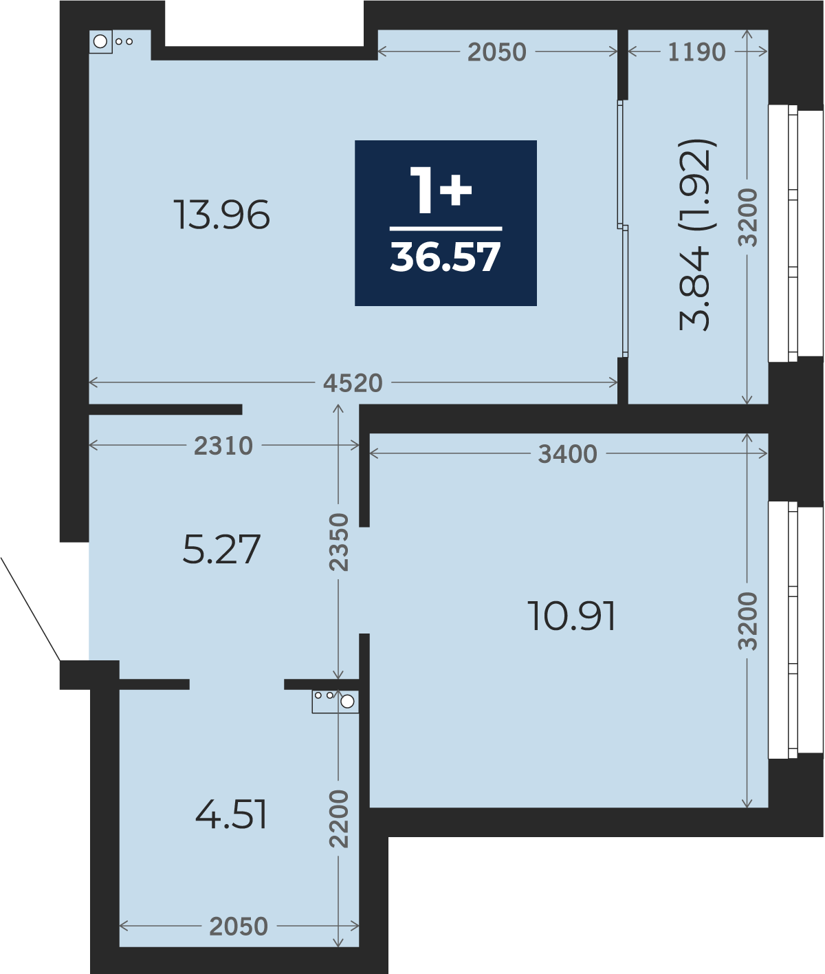 Квартира № 534, 1-комнатная, 36.57 кв. м, 19 этаж