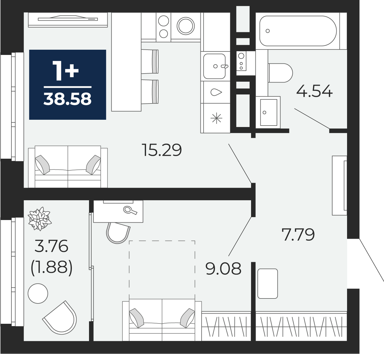 Квартира № 41, 1-комнатная, 38.58 кв. м, 2 этаж