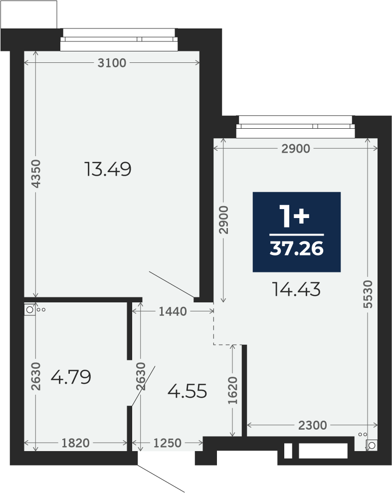 Квартира № 115, 1-комнатная, 37.26 кв. м, 1 этаж