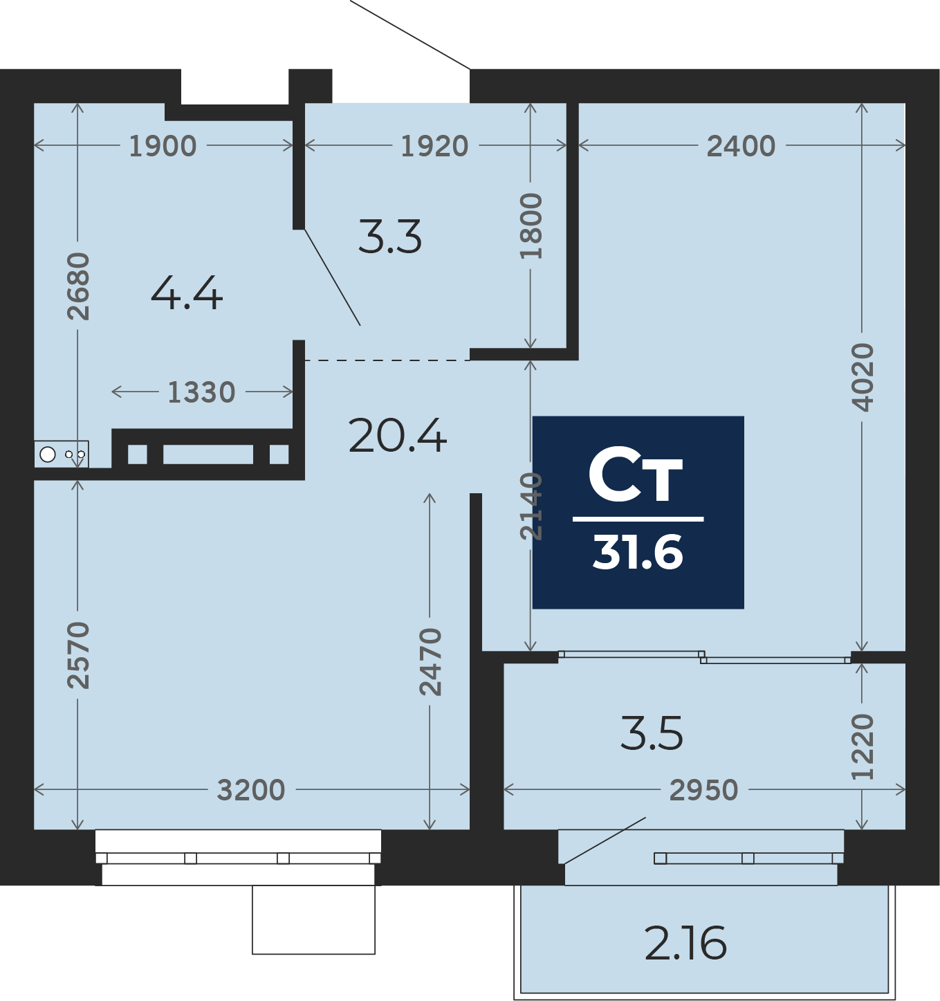 Квартира № 33, Студия, 34.45 кв. м, 8 этаж