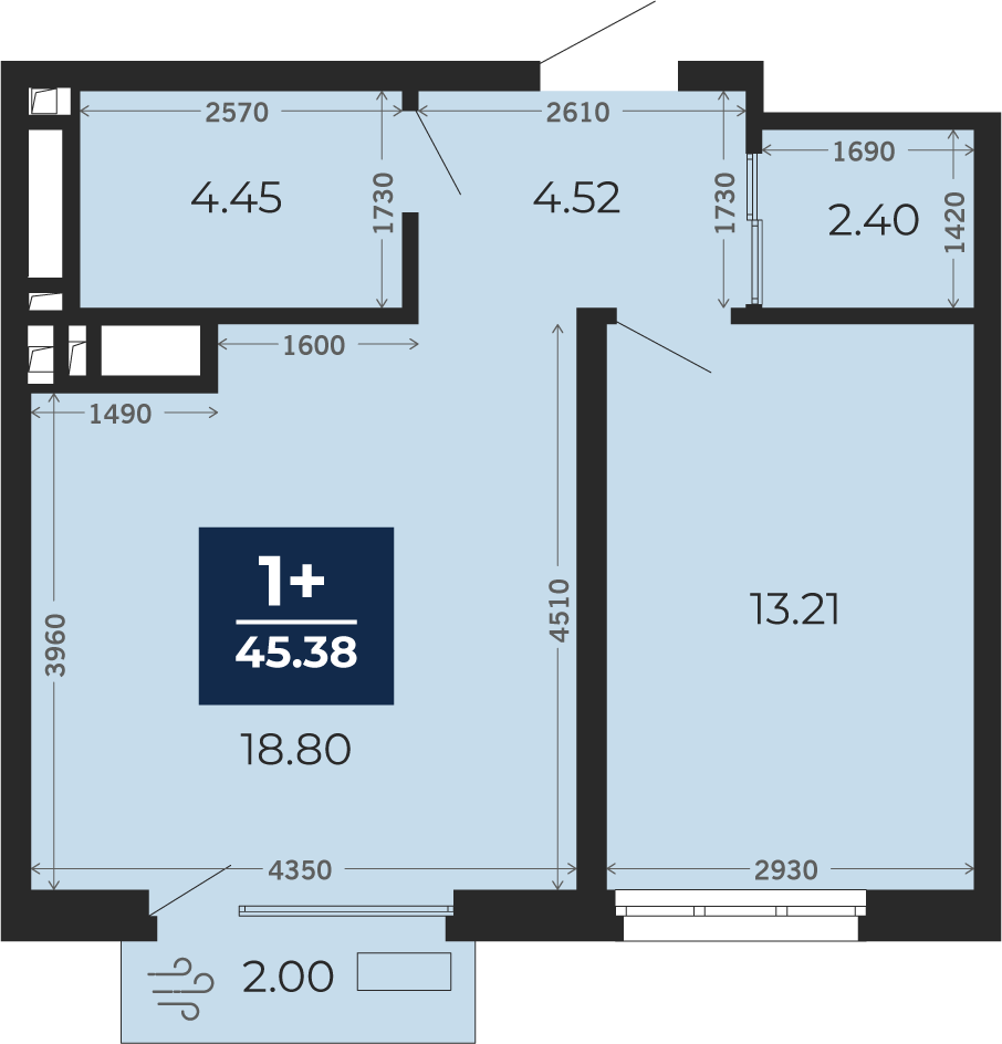 Квартира № 478, 1-комнатная, 45.38 кв. м, 6 этаж