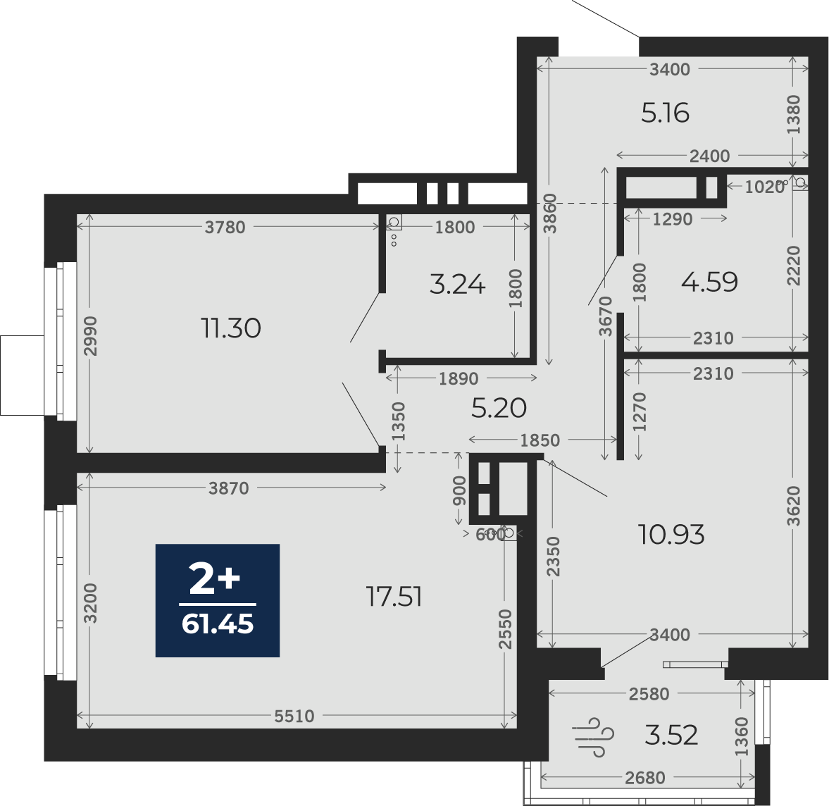 Квартира № 95, 2-комнатная, 58.99 кв. м, 13 этаж