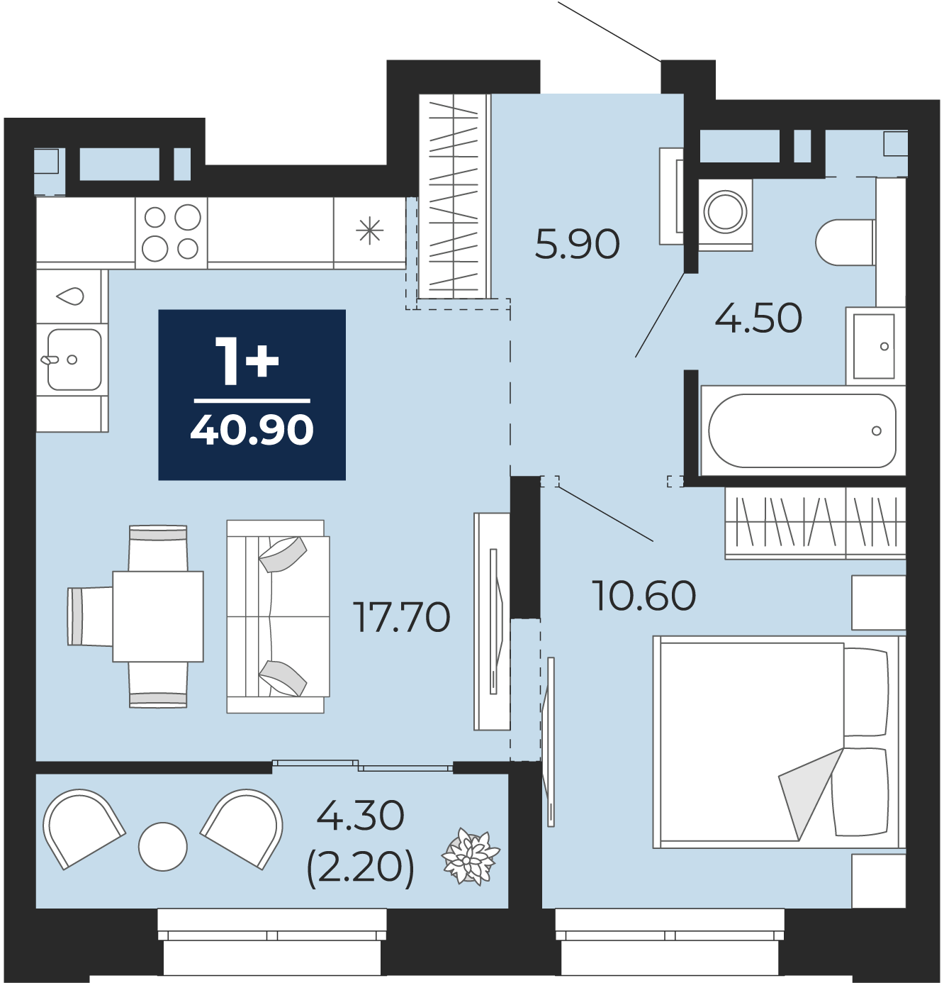 Квартира № 364, 1-комнатная, 40.9 кв. м, 3 этаж